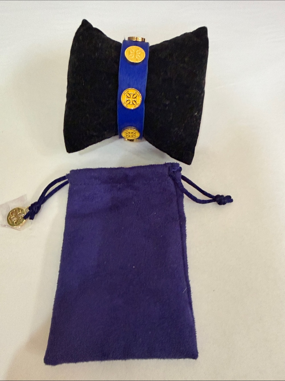 Tory Burch Blue Leather Bracelet with Gold Logo Medallions